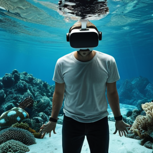 Home 4 ** A person wearing a VR headset, seemingly transported to a different world (e.g., underwater or on a mountain top). The scene should evoke a sense of wonder and immersion.
**