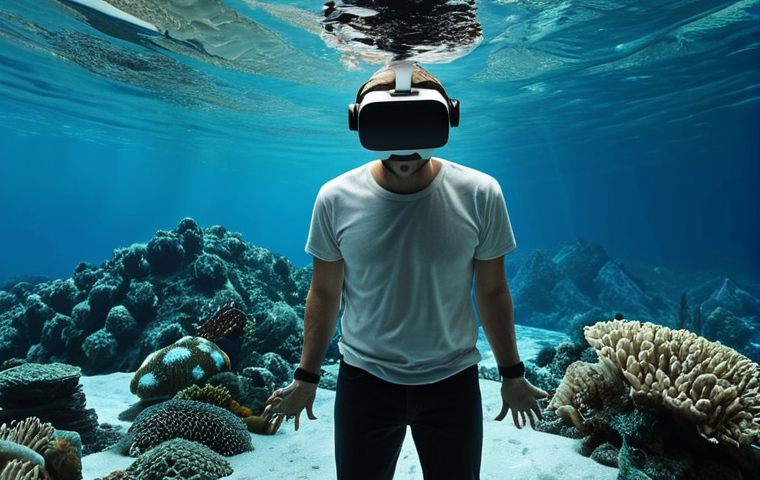 ** A person wearing a VR headset, seemingly transported to a different world (e.g., underwater or on a mountain top). The scene should evoke a sense of wonder and immersion.
**