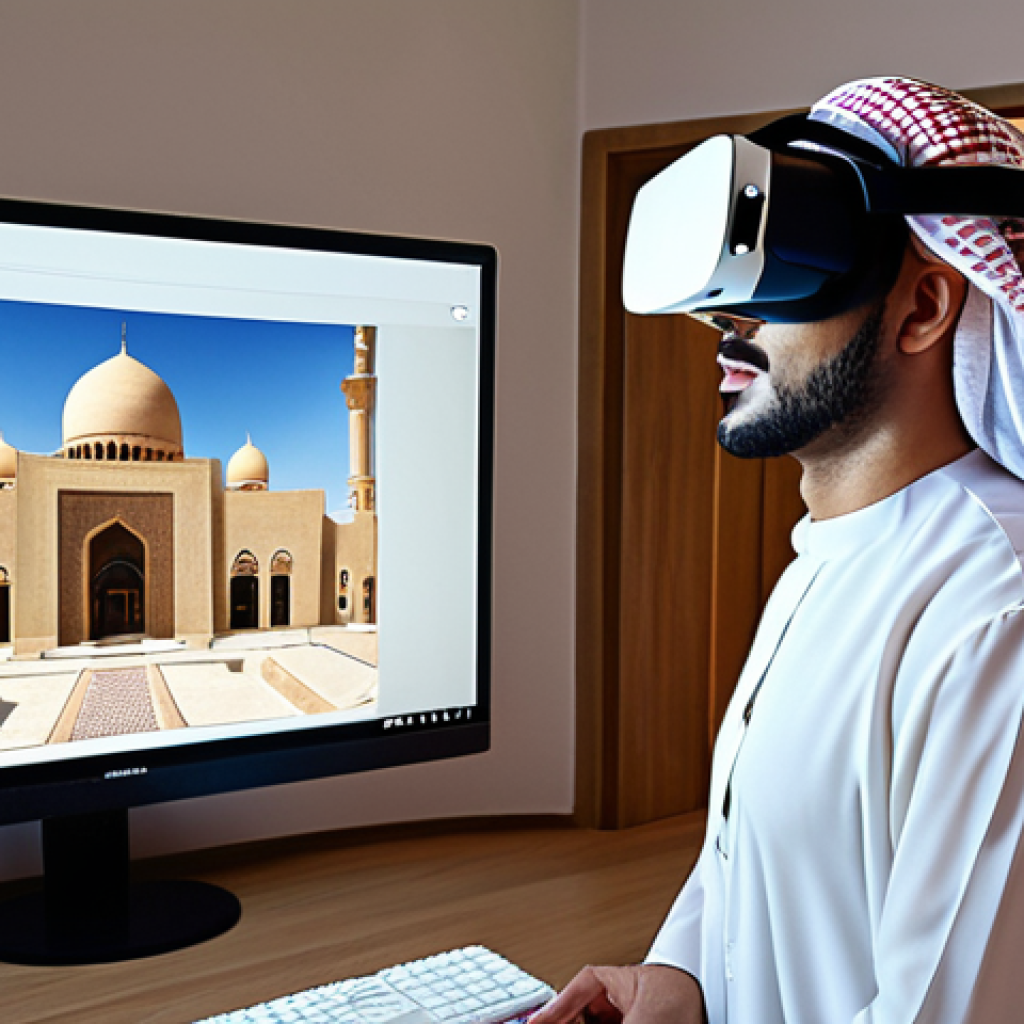 **
A modern architectural office setting. An Arab architect wearing a traditional thobe and headset stands immersed in a VR experience, examining a building design. On a nearby screen, a client (also in traditional Arab attire) is giving feedback. The scene should convey collaboration, innovation, and the blend of tradition with modern technology in architectural design within an Arab context.
**