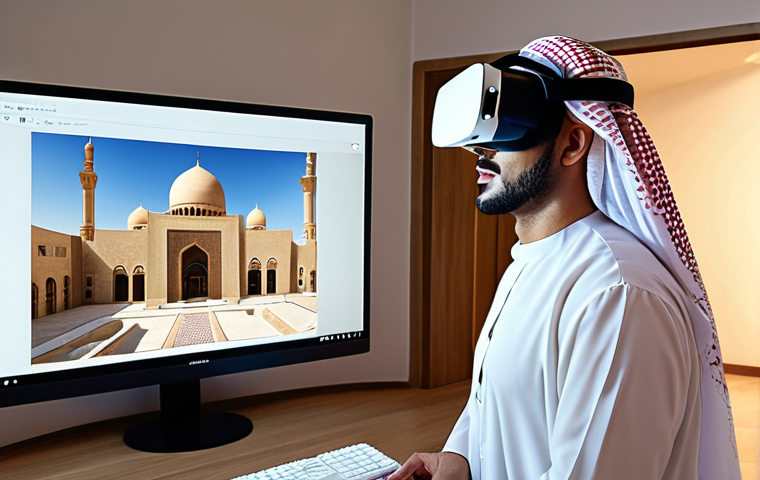 **
A modern architectural office setting. An Arab architect wearing a traditional thobe and headset stands immersed in a VR experience, examining a building design. On a nearby screen, a client (also in traditional Arab attire) is giving feedback. The scene should convey collaboration, innovation, and the blend of tradition with modern technology in architectural design within an Arab context.
**