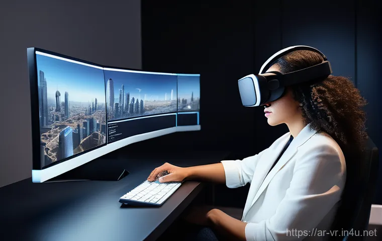 가상현실 디자인 프로세스 - An individual, dressed in casual yet stylish attire (like a well-fitted t-shirt and jeans), stands m... 가상현실 디자인 프로세스 - An individual, dressed in casual yet stylish attire (like a well-fitted t-shirt and jeans), stands m...