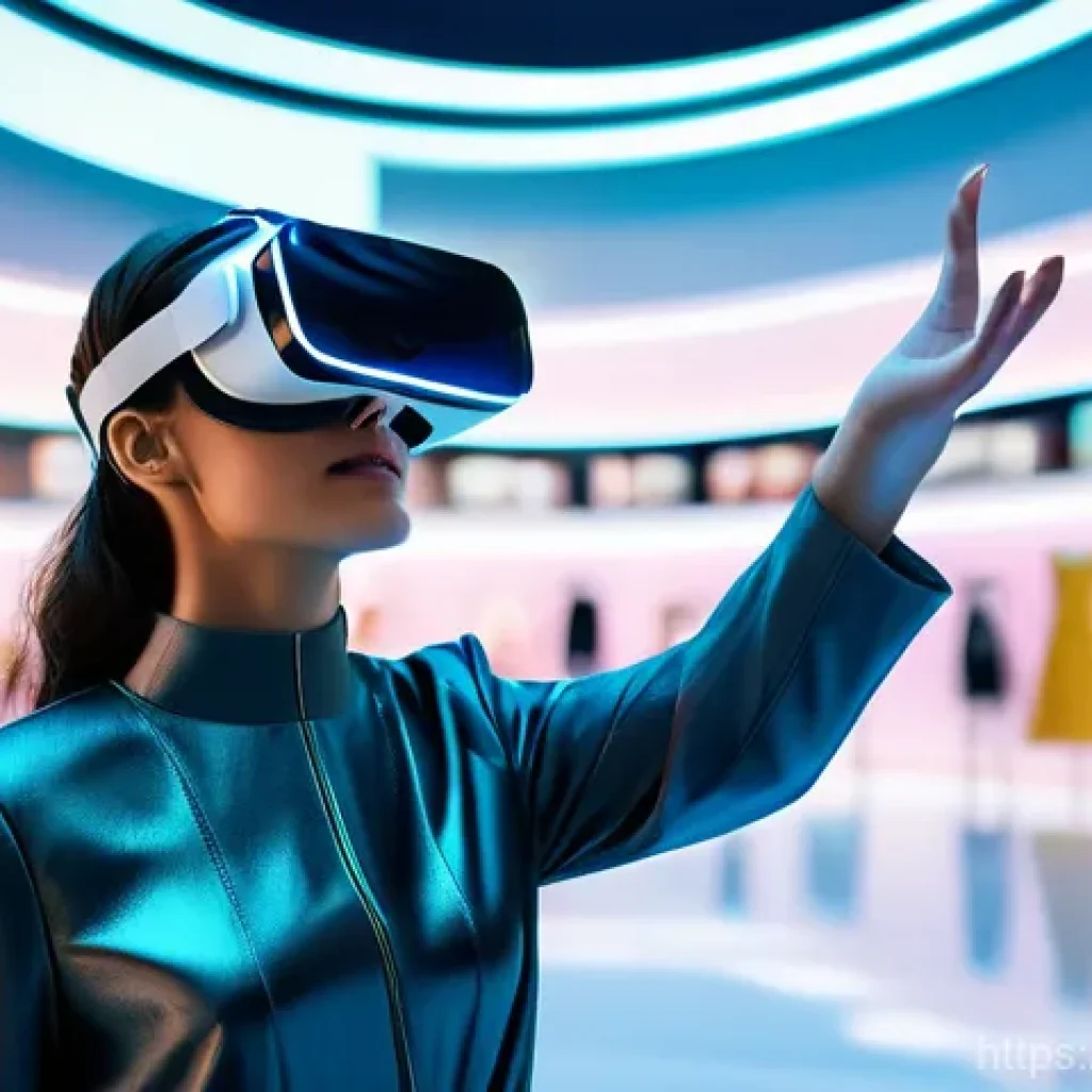 VR 쇼핑몰 - **Prompt:** A young adult woman, elegantly dressed in modest, modern attire, is seen wearing a sleek...