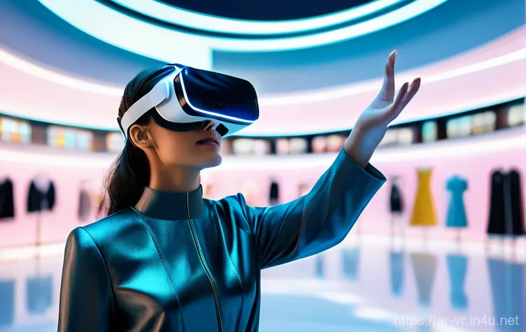 VR 쇼핑몰 - **Prompt:** A young adult woman, elegantly dressed in modest, modern attire, is seen wearing a sleek...
