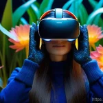 가상현실에서의 신체 반응 - A person, wearing sophisticated, form-fitting haptic gloves and a high-resolution virtual reality he...