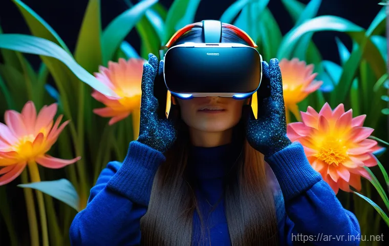 가상현실에서의 신체 반응 - A person, wearing sophisticated, form-fitting haptic gloves and a high-resolution virtual reality he...