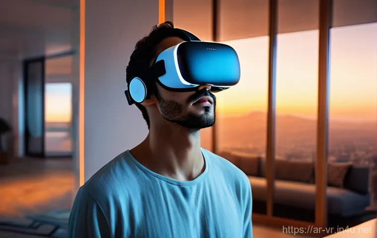 가상현실 제품 리뷰 - **Prompt:** A young Arab man, wearing a contemporary, high-tech virtual reality headset, stands in a...